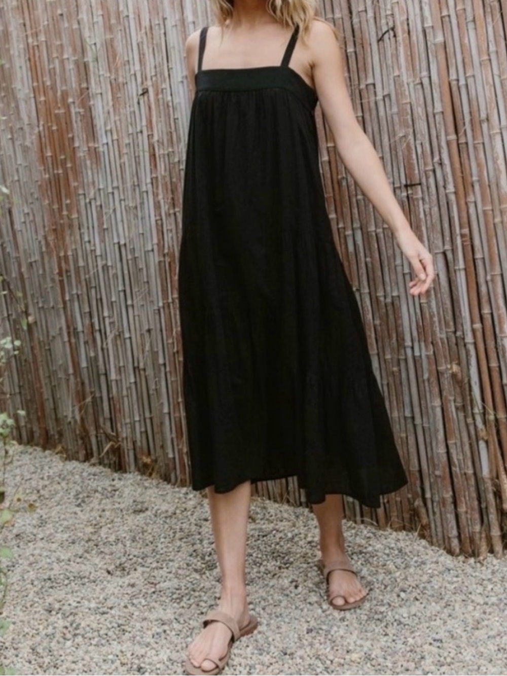 Jenni Kayne Summer Sundress Black Midi Linen Blend Square Neckline Sz XS